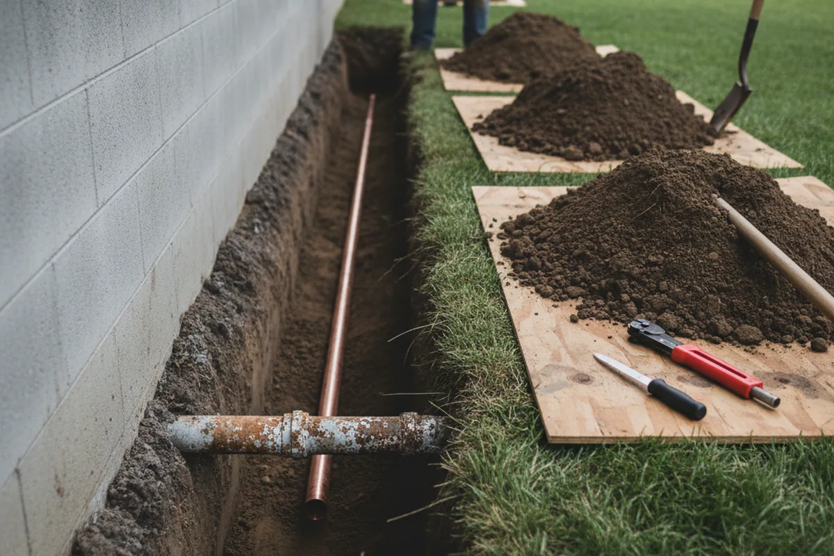 Excavated water line trench during Water Heater Repair in Atmore